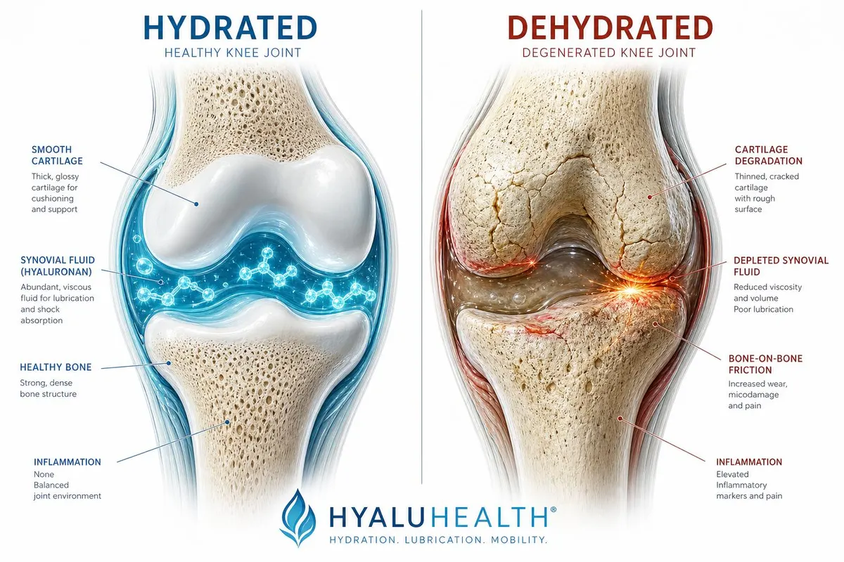 Diagram comparing a hydrated joint with thick synovial fluid versus a dehydrated joint with thinning fluid and worn cartilage